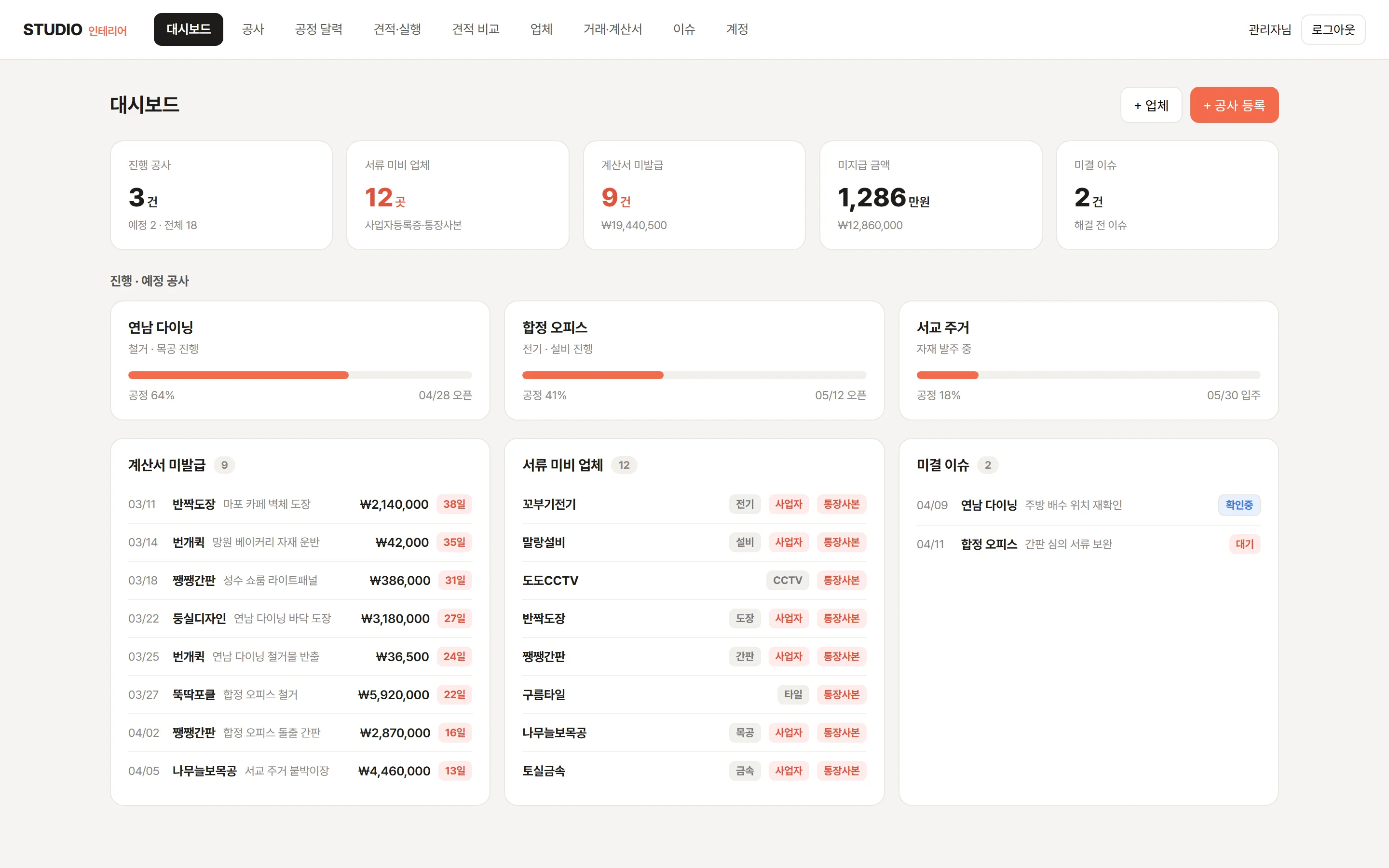 공사 관리 대시보드, 진행 공사와 계산서 미발급, 서류 미비 업체 목록